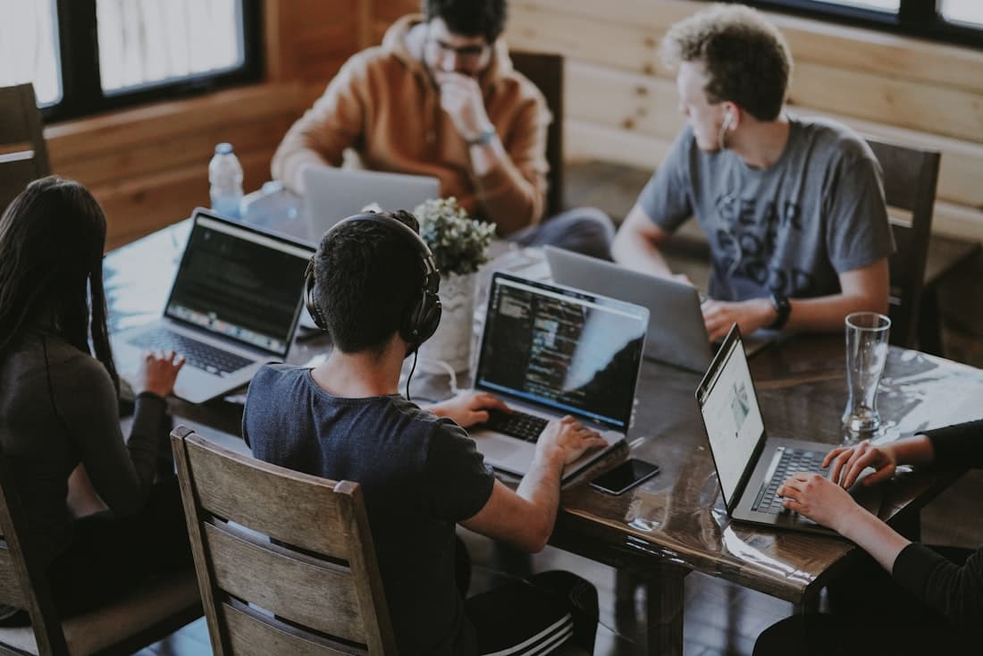 A team working together at a shared table