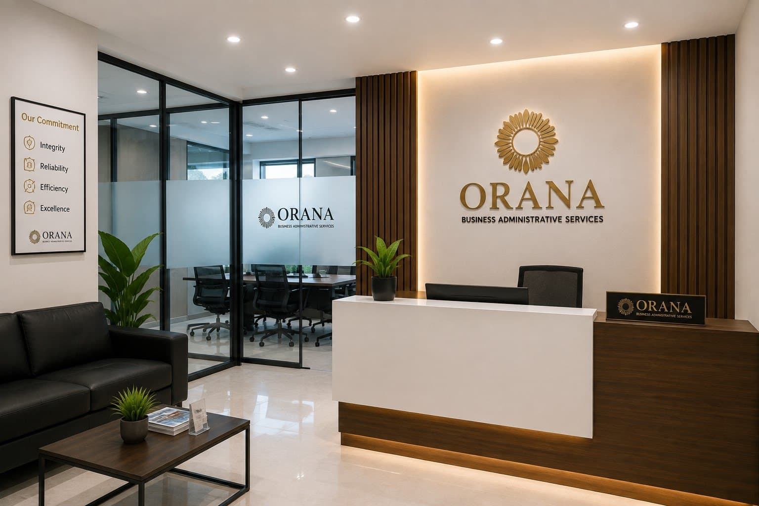 The ORANA reception, with the company logo on the back wall
